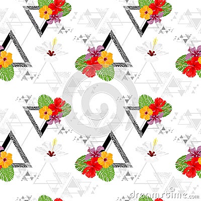 Topical Botany Hibiscus flower and Monstera leaf seamless pattern chic fashion design with triangle Geometry texture design Stock Photo