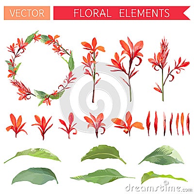 Topical Flowers and Leaves. Floral Bouquets in Watercolor Vector Illustration