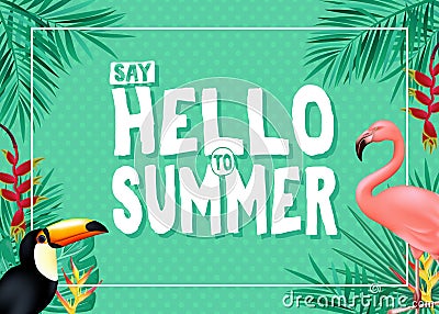 Topical Summer Banner Design with Say Hello to Summer Message in Green Color with Polka Dots Patterned Background Vector Illustration