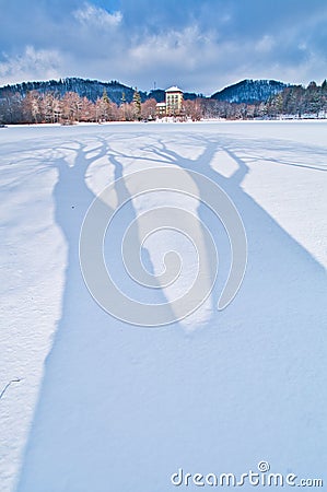 Topky apartment in shore of Pocuvadlo lake durig winter Stock Photo