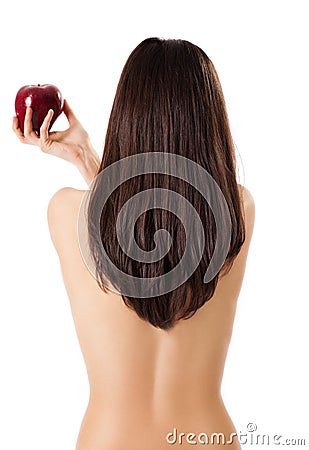 Topless female back red apple Stock Photo