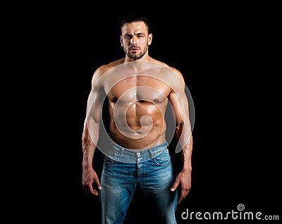 Topless shirtless male model. Naked bodybuilder. Handsome masculine man on black. Stock Photo