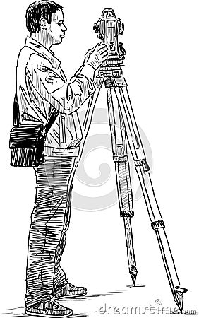 Topographer with a theodolite on the tripod Vector Illustration
