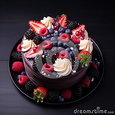 Topview birthday cake with berries on a black Stock Photo