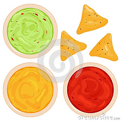 Bowls of avocado guacamole dip, tomato and cheese salsa sauce and nachos chips. Mexican food and tortillas. Vector illustration Vector Illustration