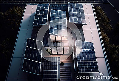 Topview of modern ecologic house with solarsystem on the roof, created with Generative AI technology. Stock Photo