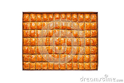 a tray of Turkish baklava sweets Stuffed with walnuts, isolated on a white background Stock Photo