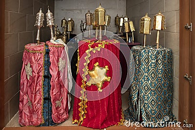 Torah scrolls housed in the holy ark in the sanctuary of the Great Synagogue in Tbilisi, Georgia Stock Photo