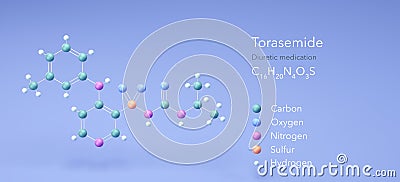 torasemide molecule, molecular structures, loop diuretics, 3d model, Structural Chemical Formula and Atoms with Color Coding Stock Photo
