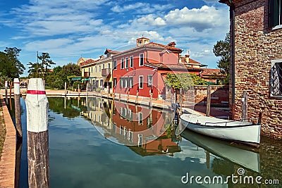 Torcello, Venice. Colorful houses on Torcello island, canal and Stock Photo