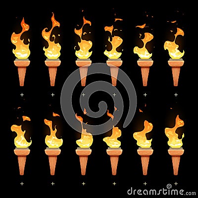 Torch animation with cartoon fire blaze sequence sprites vector set Vector Illustration