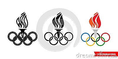 Torch and five rings icon of 3 types color, black and white, outline. Isolated vector sign symbol Stock Photo