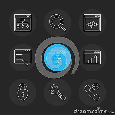 torch , lock , phone , call , windows , ui , layout , web , user Vector Illustration