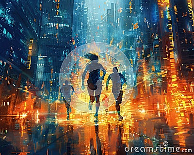 Torch relay runners in a cityscape, front view, showing the journey, digital binary as object, vivid Cartoon Illustration
