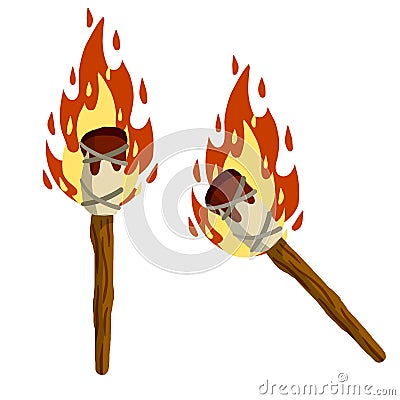 Torch on stick. Primitive weapon. Burning club. Cartoon flat illustration. old item for lighting. Fire and branch Vector Illustration