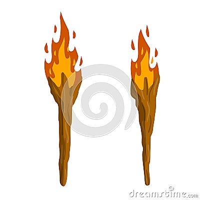 Torch on stick. Primitive weapon. Burning club. Cartoon flat illustration. old item for lighting. Fire and branch Vector Illustration