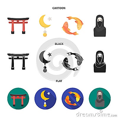 Torii, carp koi, woman in hijab, star and crescent. Religion set collection icons in cartoon,black,flat style vector Vector Illustration