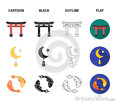 Torii, carp koi, woman in hijab, star and crescent. Religion set collection icons in cartoon,black,outline,flat style Vector Illustration