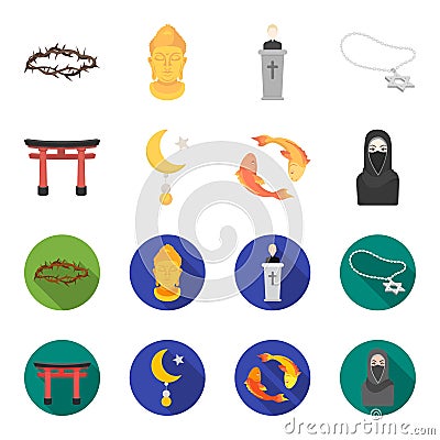 Torii, carp koi, woman in hijab, star and crescent. Religion set collection icons in cartoon,flat style vector symbol Vector Illustration