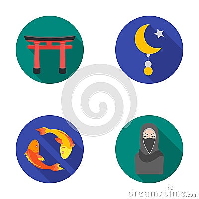 Torii, carp koi, woman in hijab, star and crescent. Religion set collection icons in flat style vector symbol stock Vector Illustration