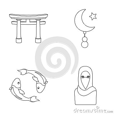 Torii, carp koi, woman in hijab, star and crescent. Religion set collection icons in outline style vector symbol stock Vector Illustration