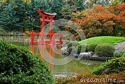 Torii gateway in the Japanese Hill-and-Pond Garden Stock Photo