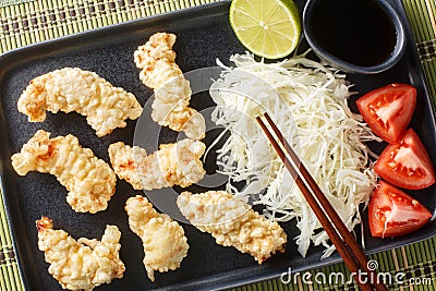 Toriten or chicken tempura a Japanese fried chicken with dipping sauce and cabbage salad closeup on the plate. Horizontal top view Stock Photo