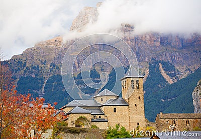 Torla Church in Pyrenees Ordesa Valley at Aragon Huesca Spain Stock Photo