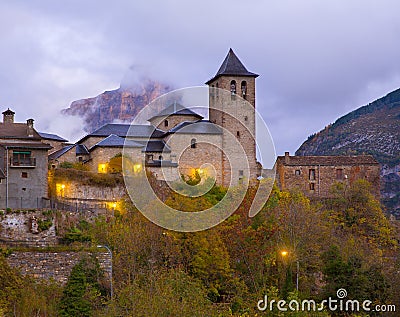 Torla Church in Pyrenees Ordesa Valley at Aragon Huesca Spain Stock Photo