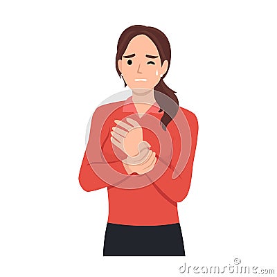 Tormented suffering from woman hurting holding painful wrist. Flat vector Vector Illustration