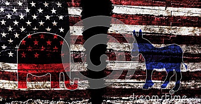 Torn American flag with Democrat and Republican party symbols representing division in US politics Stock Photo