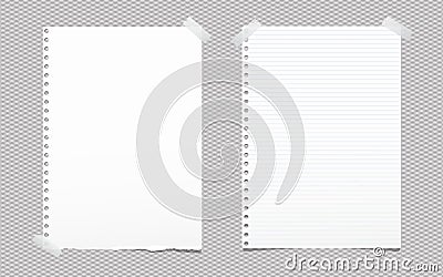 Torn blank and lined white note, notebook paper sheet for text stuck with gray sticky tape on squared background. Vector Illustration