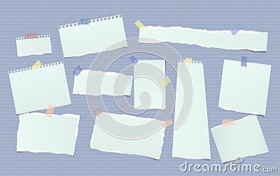 Torn blue note, notebook paper pieces for text stuck with sticky tape on circles pattern. Vector illustration. Vector Illustration