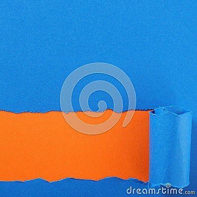 Torn blue paper strip orange background square Stock Photo