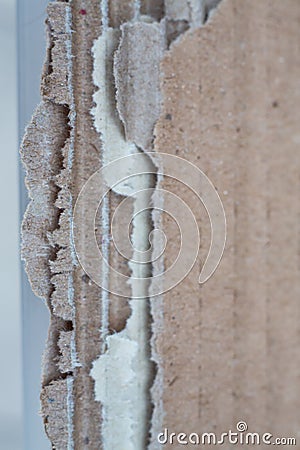 Torn brown corrugated Paper Box texture on white background, Close up shot, Package concept Stock Photo