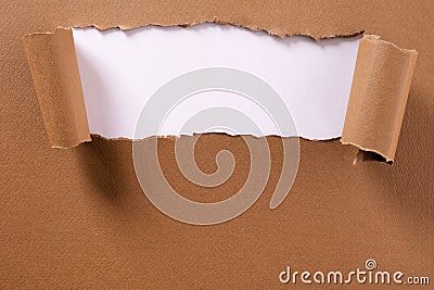 Torn brown paper background frame strip white curled edges top Stock Photo