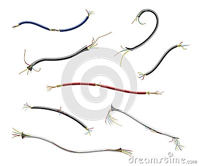 Torn cables multicolor realistic set. Remnants of wire, pieces after construction works. Vector Illustration