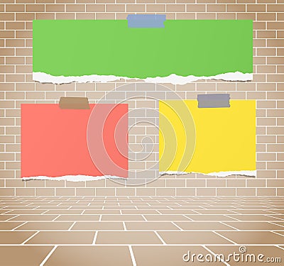 Torn colorful blank paper sheets stuck on brown brick wall Vector Illustration