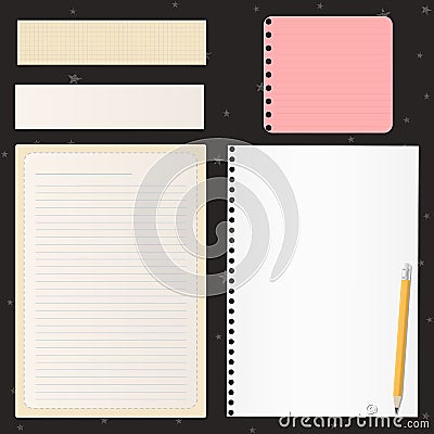 Torn colorful empty lined note, notebook paper strips for text stuck on black background with stars pattern. Vector Vector Illustration