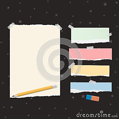 Torn colorful empty note, notebook paper strips for text stuck on black background with stars pattern. Vector Vector Illustration