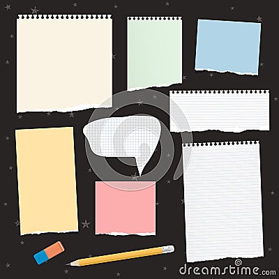 Torn colorful and white empty note, notebook paper for text stuck on black background with stars pattern. Vector Vector Illustration