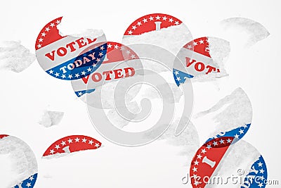 Torn and defaced I Voted Today paper stickers on white background Stock Photo