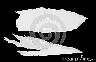 Torn glued paper texture. White ripped wrinkled paper poster pieces isolated on black background Stock Photo