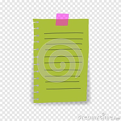 Torn green notebook sheet sticker hanging on wall. Vector Illustration
