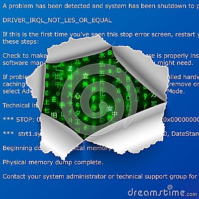 Torn hole in BSOD error text with green matrix code signs Vector Illustration
