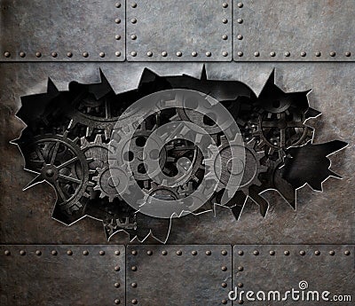 Torn hole in old metal with rusty gears and cogs Stock Photo