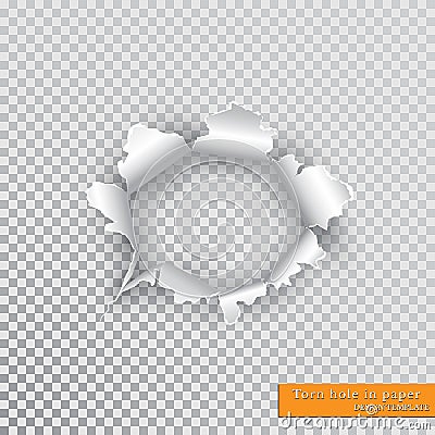 Torn hole in paper with ripped edges with shadow on transparent background. Graphic concept for your design Vector Illustration