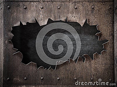 Torn hole in rusty metal steam punk background Stock Photo