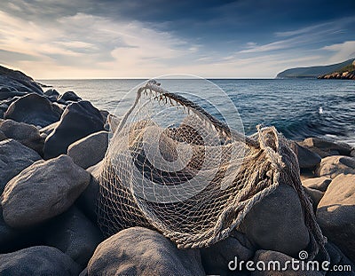 A torn net tangled around jagged rocks on a shoreline, representing entrapment and failed attempts Stock Photo
