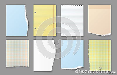 Torn notebook paper. Ripped edges of note sheets, color blank paper messages and reminder stickers vector set Vector Illustration